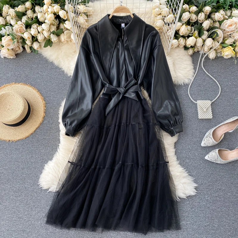 

Super Fashion Pointed Long Collar Patchwork PU Leather and Mesh Long Trench Cool Wind Coat