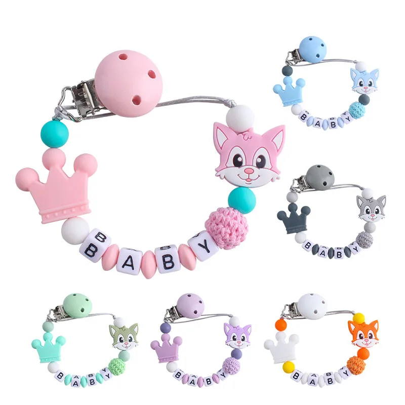 Coskiss-Cadena de Portachupetes hecha a mano con nombre personalizado, cadena de silicona para chupete, juego de cadenas para gato, civeta, cadena de mordedor para beb&eacute;-4