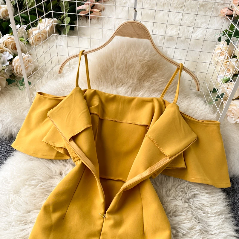 

Ruffles Strap Dress Women Elegant Solid Sleeveless Slim Pencil Dresses Summer Sexy Off Shoulder Streetwear Short Mini Dress