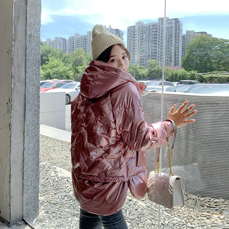 

LISYRHJH 2020 New Arrival Women Winter Jacket Shining Fabric Cotton Padded Warm Thicken Short Coat Hooded Fashion Parka