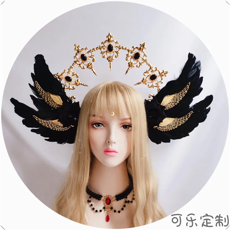 

Gothic Style Lolita Black Rose Devil Feather Wings Goddess Sun Halo Crown Headband Gorgeous Vintage Mary Baroque Tiara Headwear