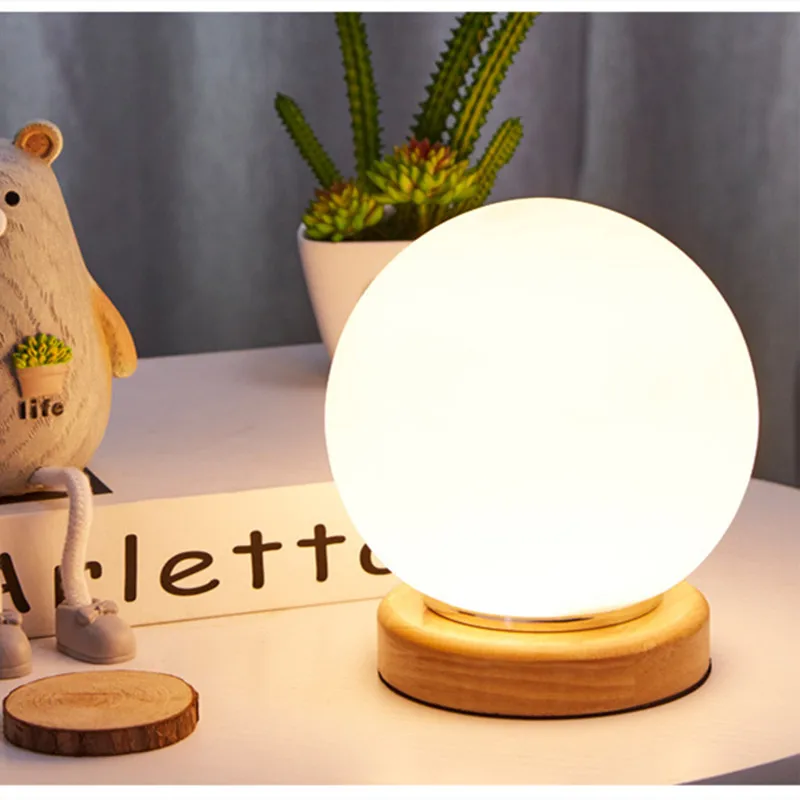 Круглая стеклянная настольная лампа светодиодная прикроватная теплый свет