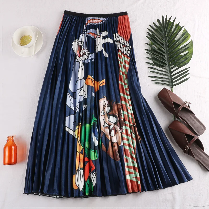 

2021 Summer New Women Cartoon Printing Pleated Long Skirts Casual Slim A-line Skirt