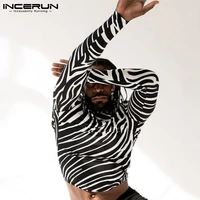 incerun stylish new mens fashion t shirt long sleeved striped tees well fitting zebra print short stretch slims tops s 5xl 2022