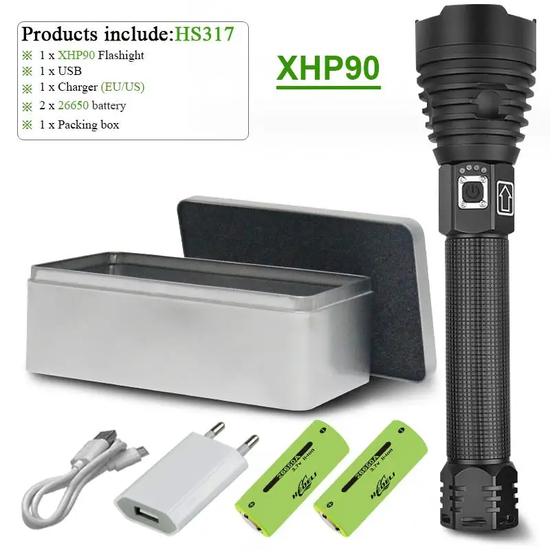 Самый мощный светодиодный светильник-вспышка XHP90, Перезаряжаемый usb фонарь с зумом xhp50 xhp70, ручная лампа 26650, 18650, светильник с батареей, люменов - Испускаемый цвет: HS317D1-BOX