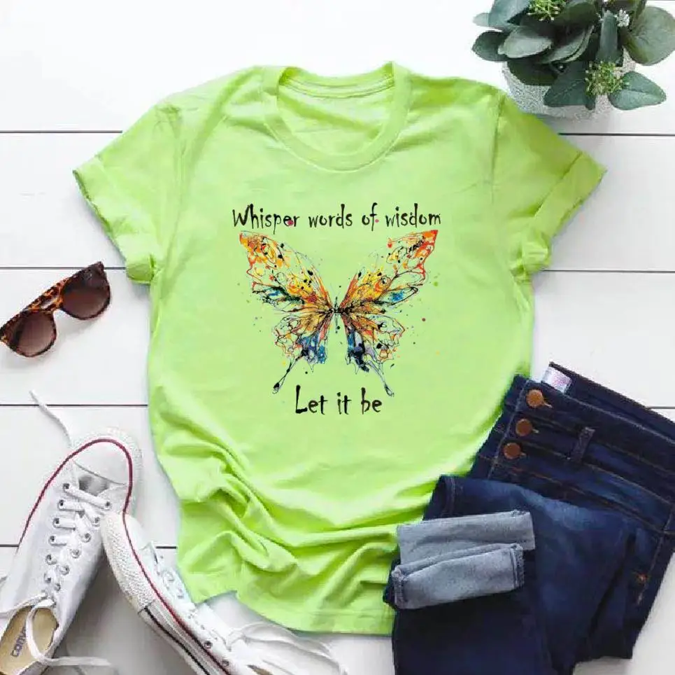 

Let It Be Butterfly Women T-Shirt Summer O-Neck Casual Short Sleeve Tops Female Harajuku Style Cotton Clothes Fashion Print Tee