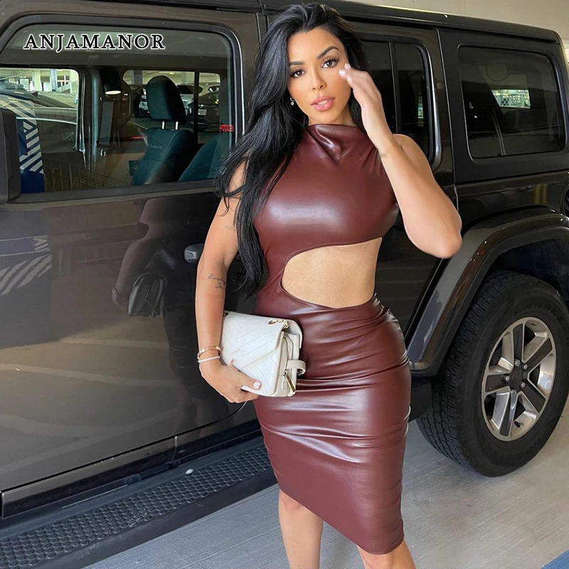 

ANJAMANOR Sexy Cut Out PU Leather Bodycon Dresses for Women Party Night Club Outfits Elegant Sleeveless Midi Dress D82-DC22