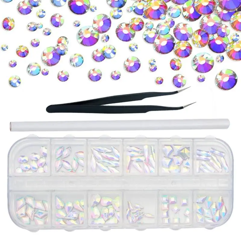 

Набор 3D блестящих Стразы для ногтей в форме плоского дна с разноцветными кристаллами и пинцетом, профессиональные аксессуары для дизайна н...