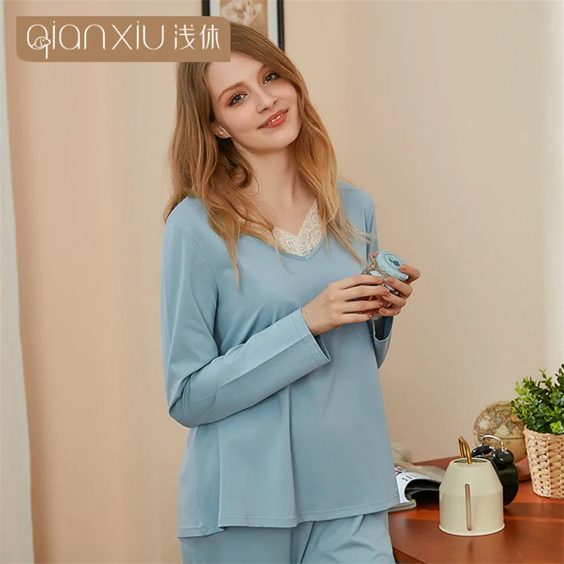 

New autumn women Sleepwear sweet lace splice Pajamas Sets Woman V-neck pajamas female long sleeve solid nighty Nightwear Set