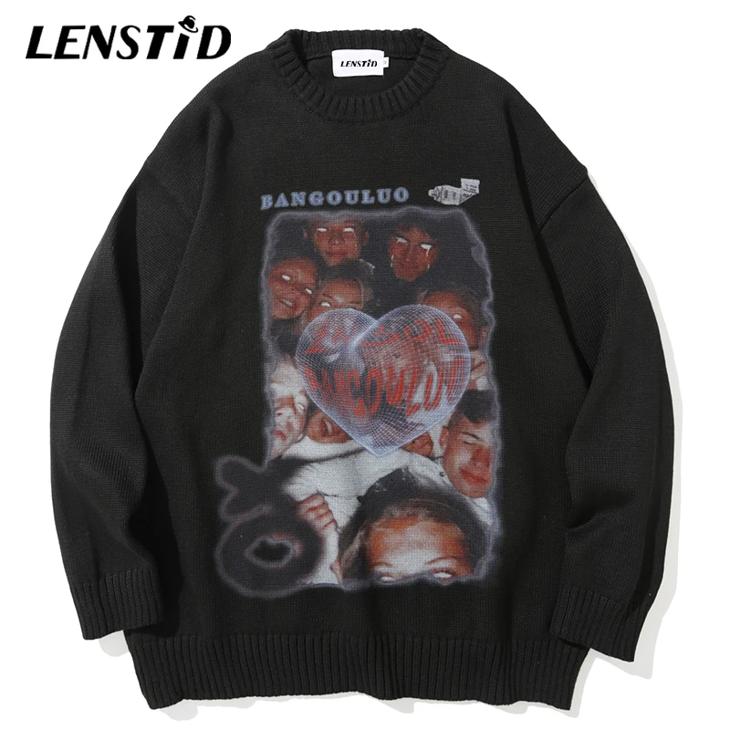 

FAKUNTN Men Hip Hop Knitted Jumper Sweaters People Heart Print 2021 Streetwear Harajuku Autumn Oversize Casual Fashion