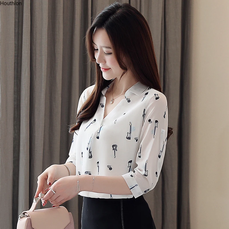 

Шифоновые облегающие Женские блузки Houthion, Новая повседневная блузка, рубашка с принтом, модный топ с пятиконечными рукавами для весны и осе...
