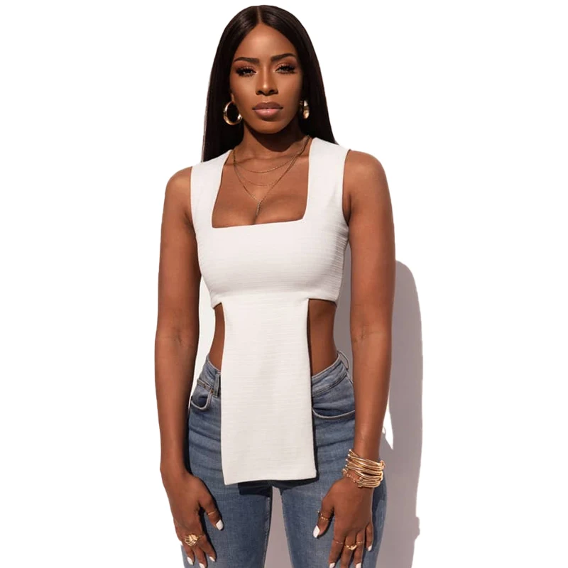 

KLEEZY, 2021 г., Асимметричный топ с квадратным вырезом, летняя облегающая уличная одежда без рукавов, Модный укороченный топ для вечерние в стиле...