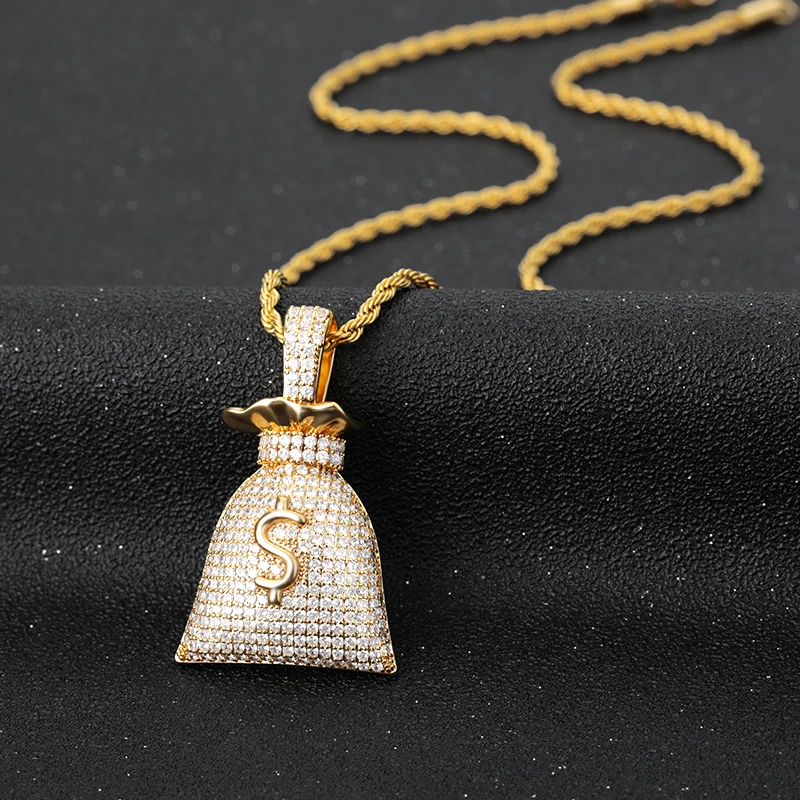 

Zircon Gold Money Bag Pendant Necklace Punk Charm Necklace Jewelry For Women Hip Hop Style Stainless Steel Twist Chain