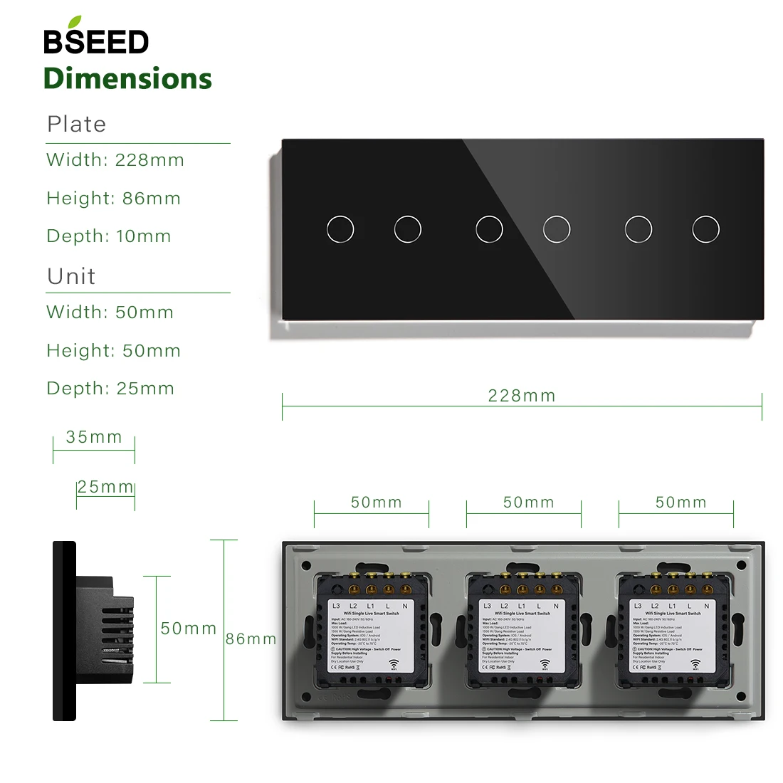 Сенсорный выключатель света BSEED умный стеклянный с Wi-Fi 6 клавиш 1 канал сенсорный
