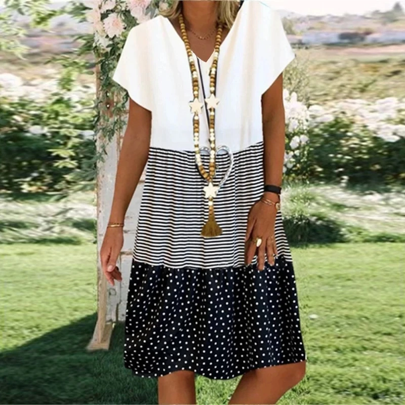 Винтажное вечернее платье в полоску и Горох с v образным вырезом женское коротким