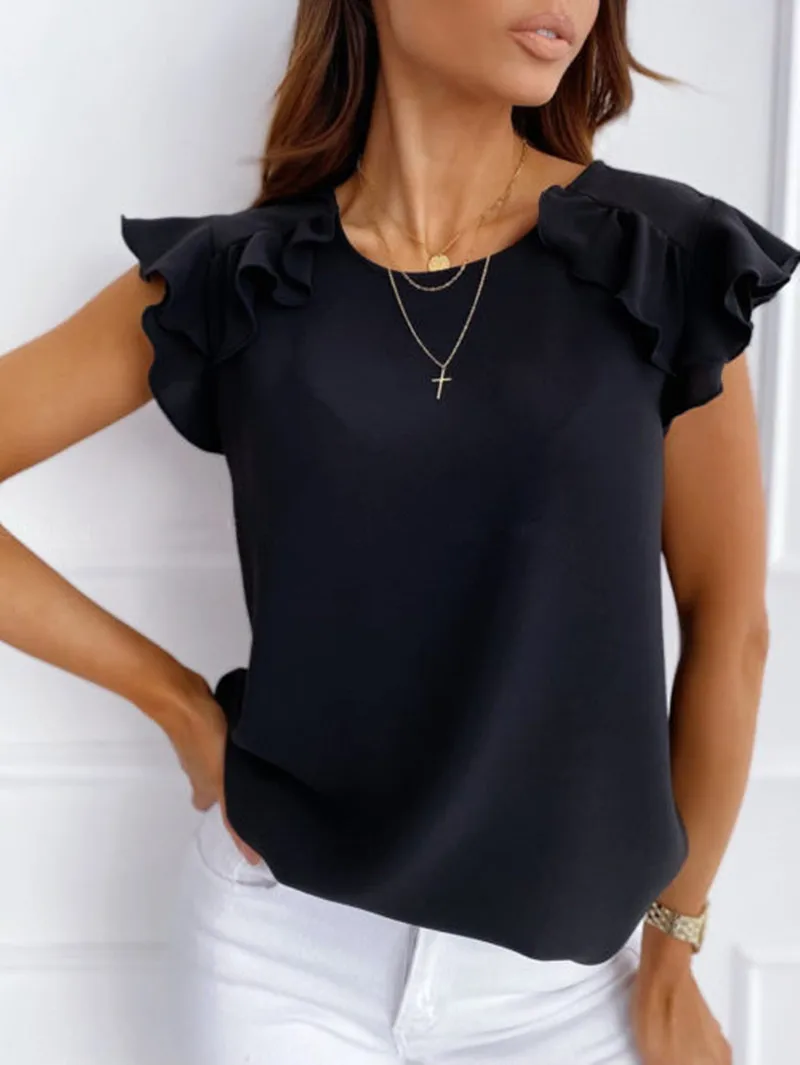 

Elegant Women Summer Solid Color Pullovers T-Shirts Patchwork Design Ruffles Decor O-Neck Ruffles Short Sleeve Slim Top