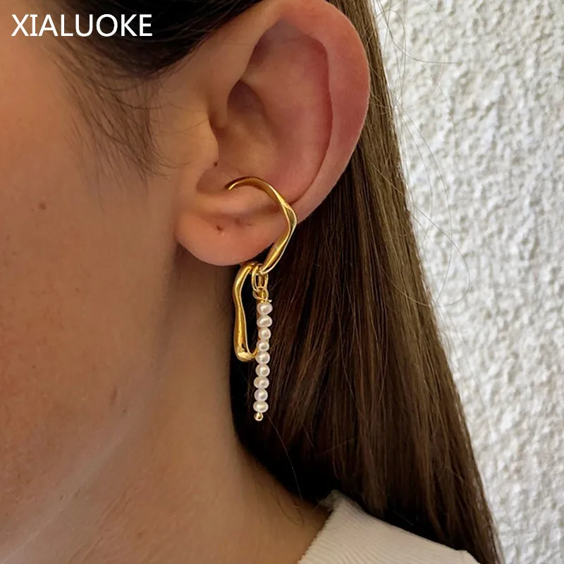 

XIALUOKE Fashion Geometry Long Freshwater Pearls Pendant Earrings For Women New Bohemia Crystal Chain Earclip Dangle Earrings