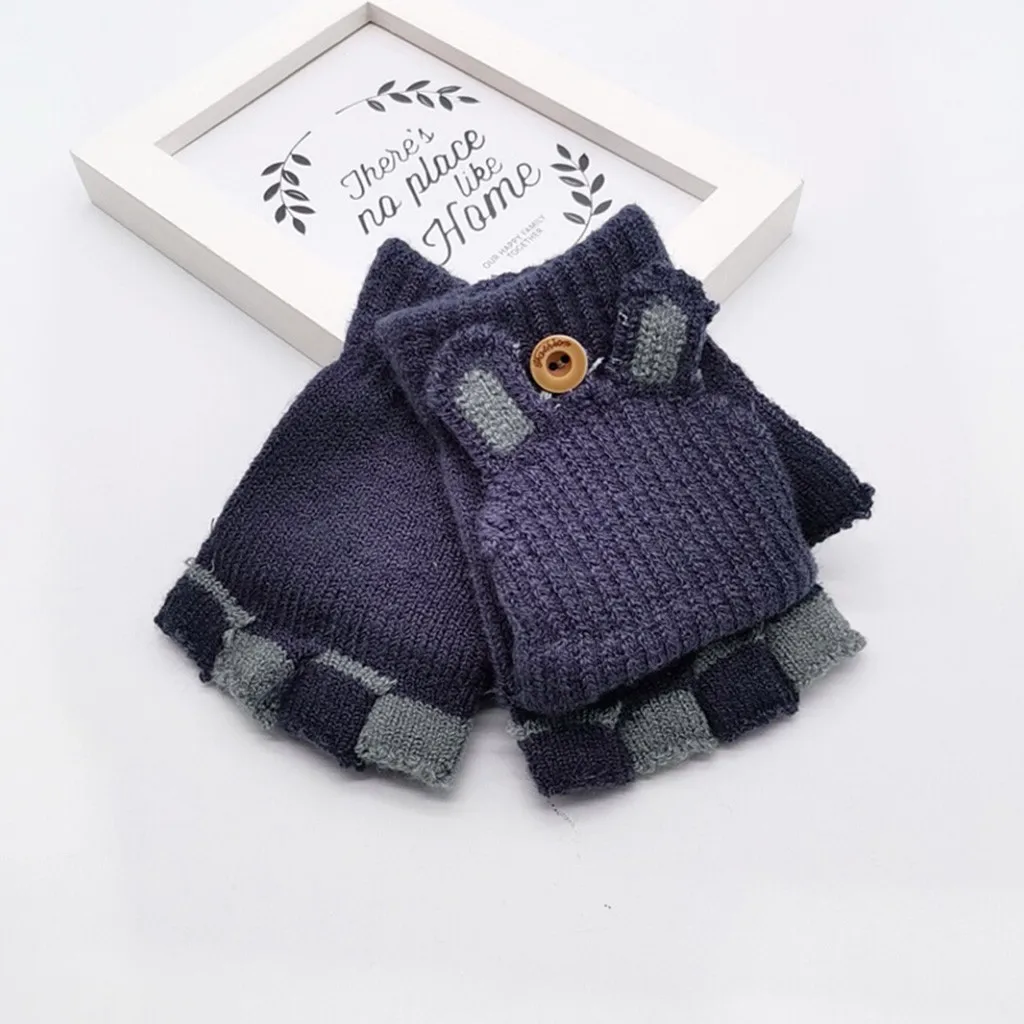 Детские зимние перчатки теплые вязаные складывающиеся с кроликом варежки без