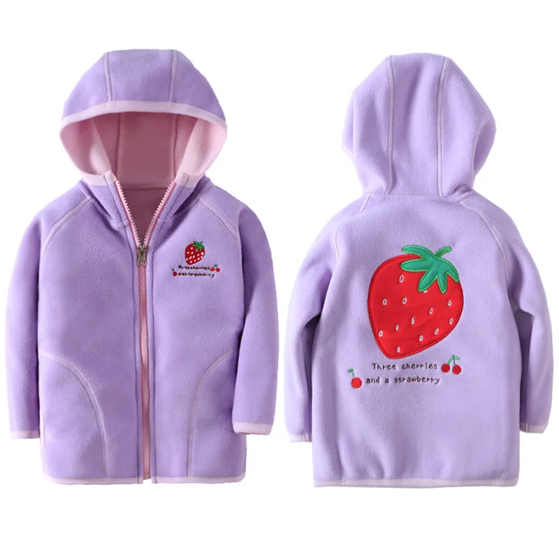 

Jacket Kids Girl Hooded Long Sleeve Boy Outerwear Strawberry Embroidery Polar Fleece Coat Children Clothes For 18M-7 Years
