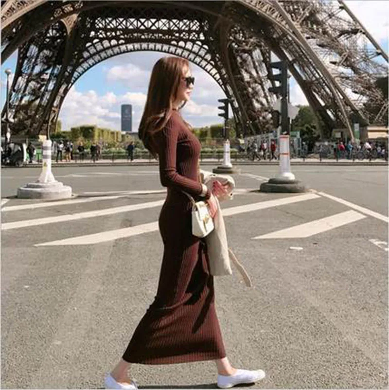 Женское трикотажное платье свитер до щиколотки с длинным рукавом и круглым