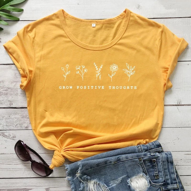 yellow-white text Футболка с надписью «Grow положительные идеи» винтажная женская футболка с цветочным принтом летняя вдохновленная футболка в стиле бохо - Цвет: yellow-white text
