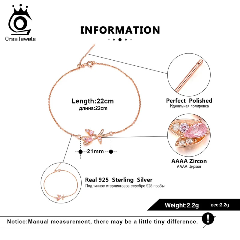 ORSA JEWELS браслет из чистого серебра с цирконием АААА в форме листа тонкая цепочка
