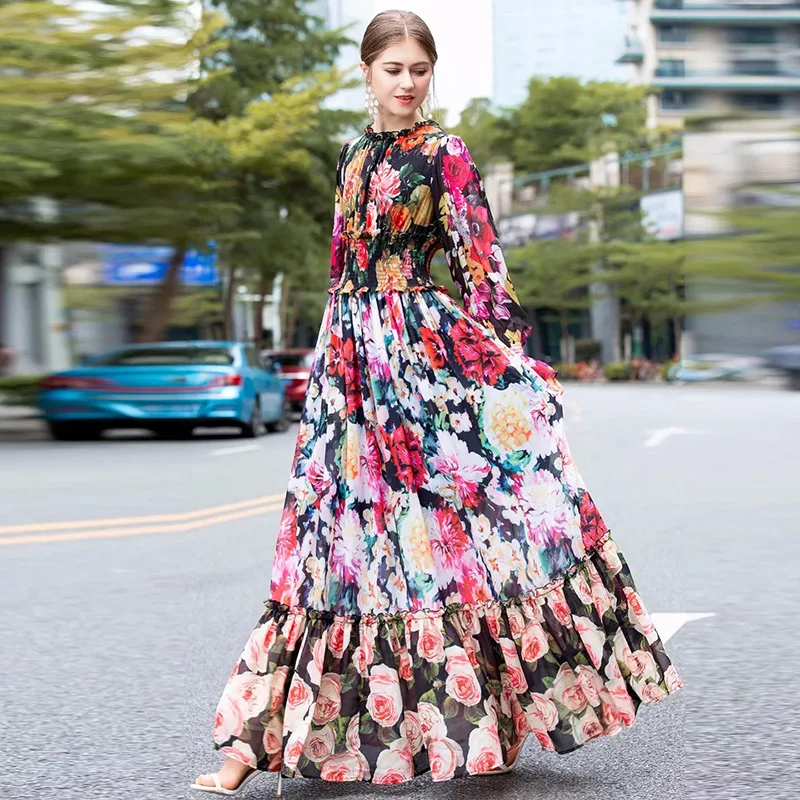 

Spring and Summer 2021 New National Style Fashion Print Stand Full Elastic Waist Big Swing Ankle-Length Women Dresses