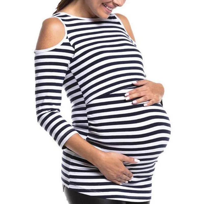 

Striped Off The Shoulder Tees Breastfeeding Women's Nursing Maternity Sweatshirts Pregnancy Layered Tops For Pregnant Women 2021