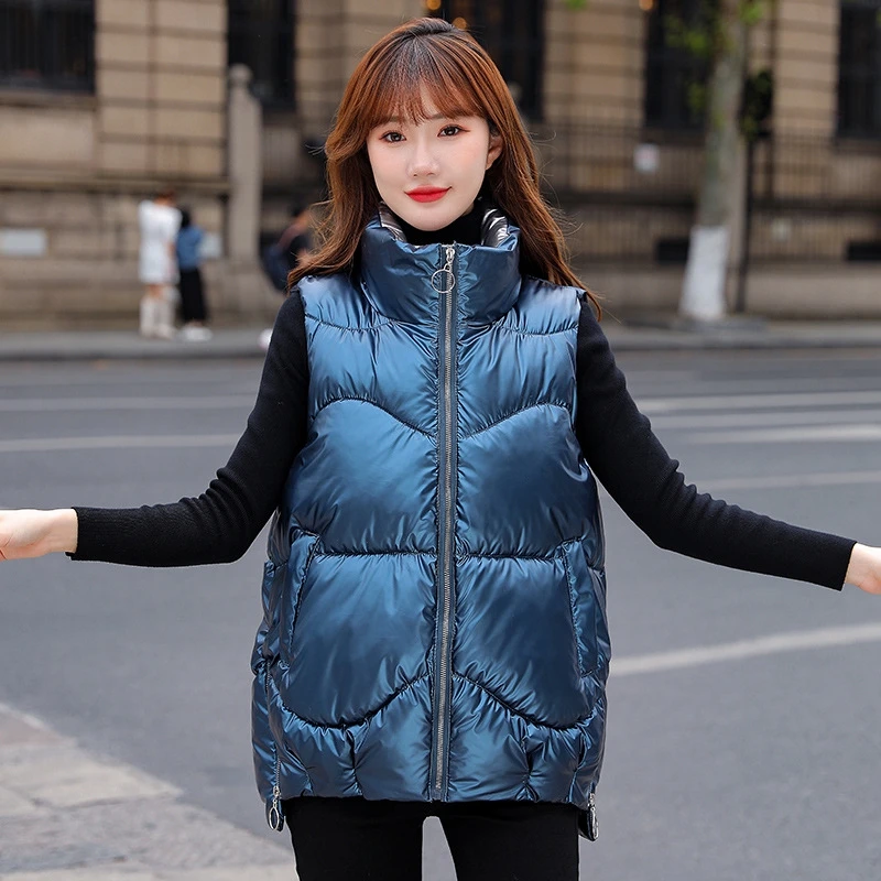 

Women Down Cotton Winter Warm Vest Glossy Polyester High Collar Short Parka Coat Sleeveless Sweater Female Jacket Elegant Clothe