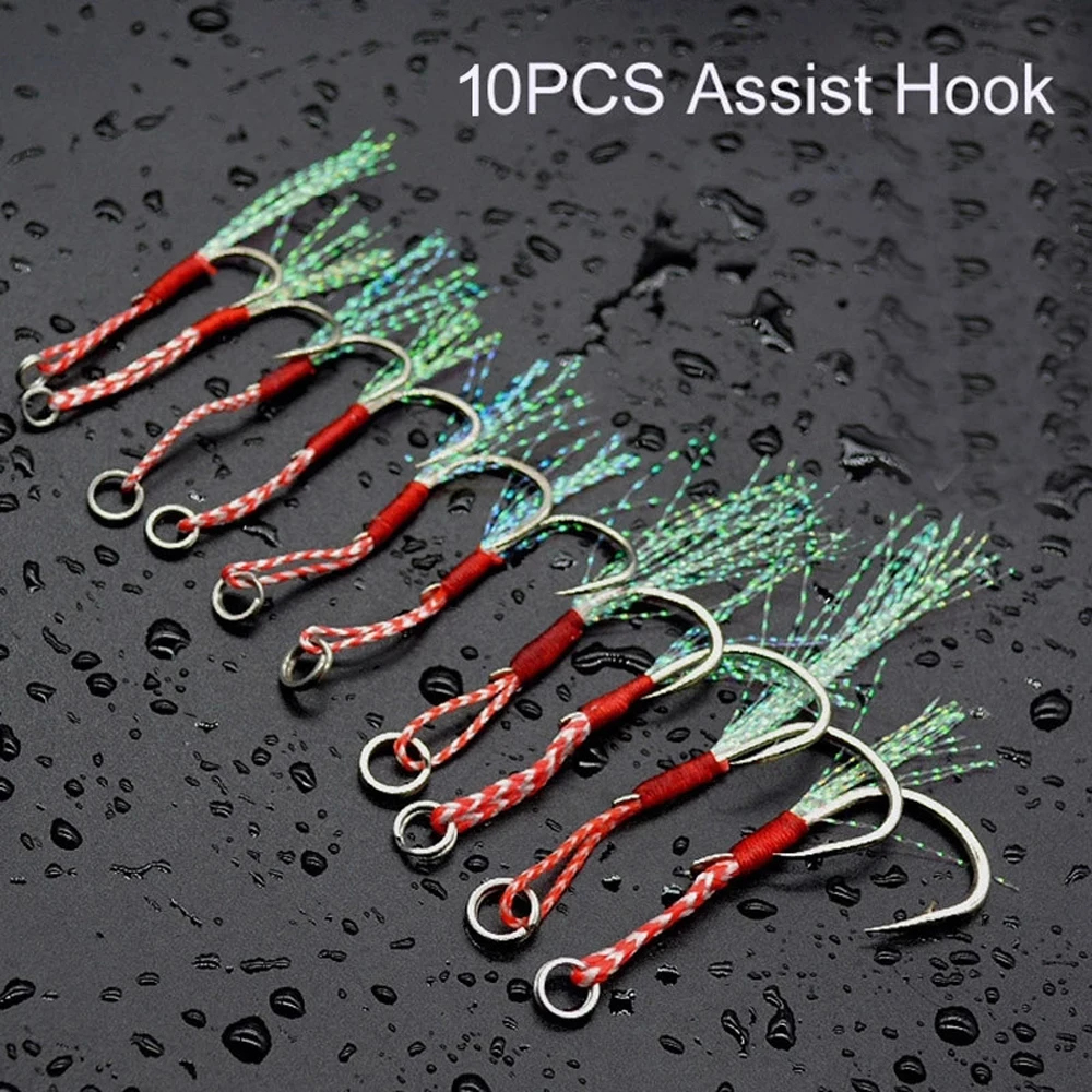 10pcs/Lot Fishing Lure Slow Jigging Fishing Cast Jigs Assist Hook Barbed Single Jig Hooks Thread Feather Pesca High Carbon Steel