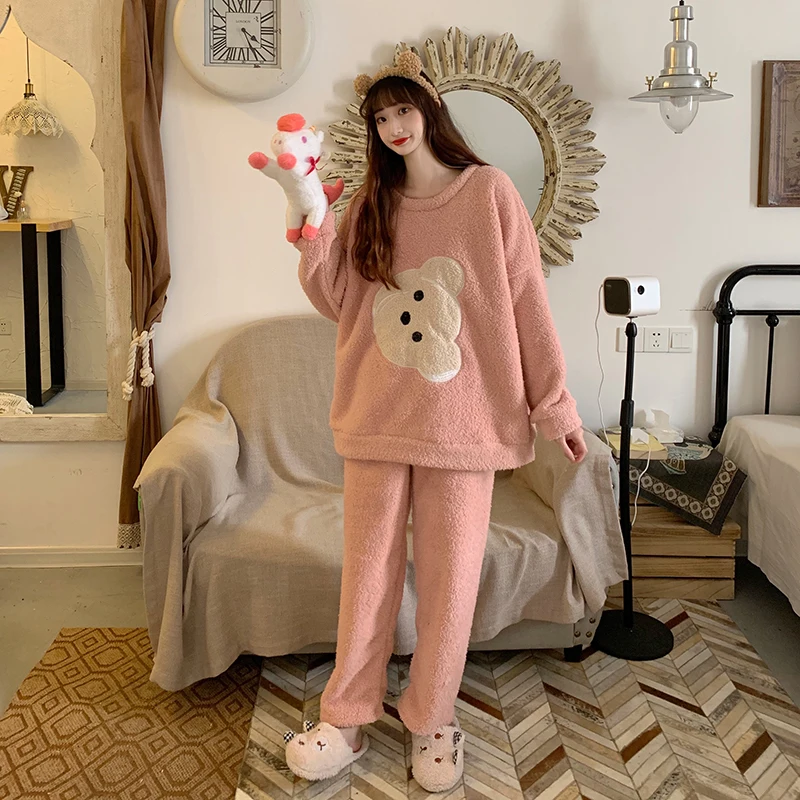 

Kawaii Bear Flannel Pajamas Women Plus Size Plus Fat Loose Long Sleeve Thick Coral Fleece Homewear Home Fall Winter Sleepwear