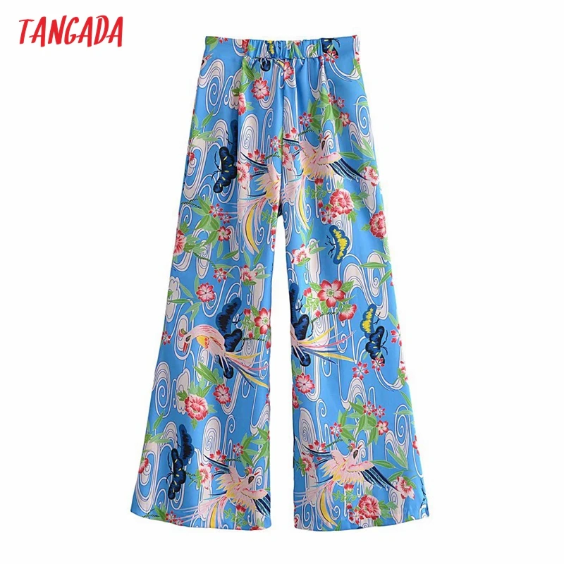 

Tangada Women Bird Print Wide Leg Pants Trousers Vintage Style Zipper Lady Pants Pantalon 3H805