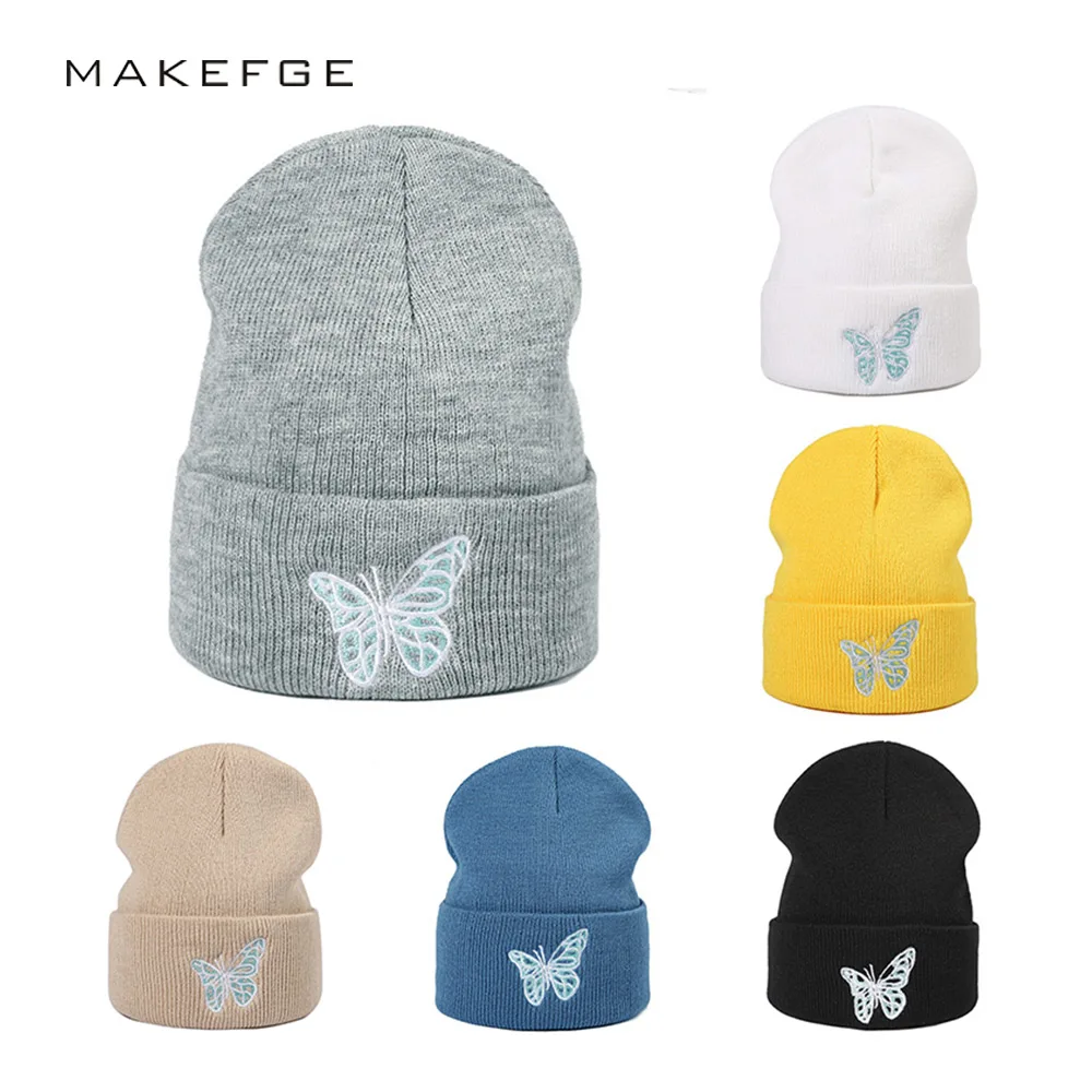 

New Knitted Hat Women's Winter Outdoor Warm Hat Men's Hat Casual Fashion Butterfly Embroidery Beanie Skull Cap Beanie Cap Unisex