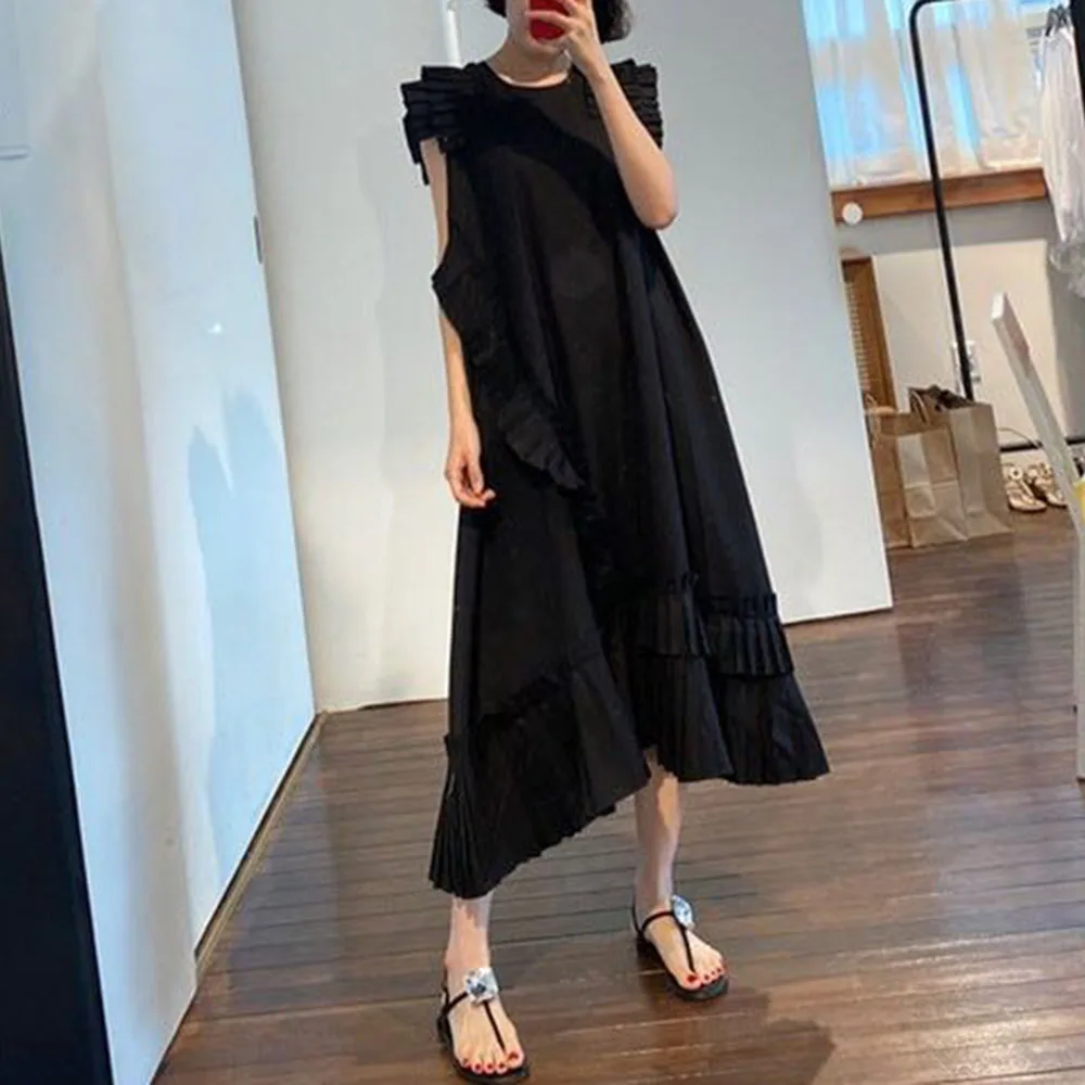 Корейский шик темперамент дизайн давление плиссированные шить круглый вырез