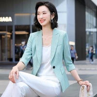 summer blue stripe small suit coat korean fashion temperament women notched straight slim 3xl white blazers