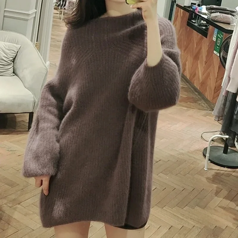 

European American Loose Knitted Cashmere Sweaters Women 2021 New Winter Loose Solid Female Pullovers Warm Basic Knitwear Jumper