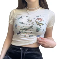 2021 y2k womens summer kawaii crop tops fashion insect print short sleeve round neck slim fit high street t shirts