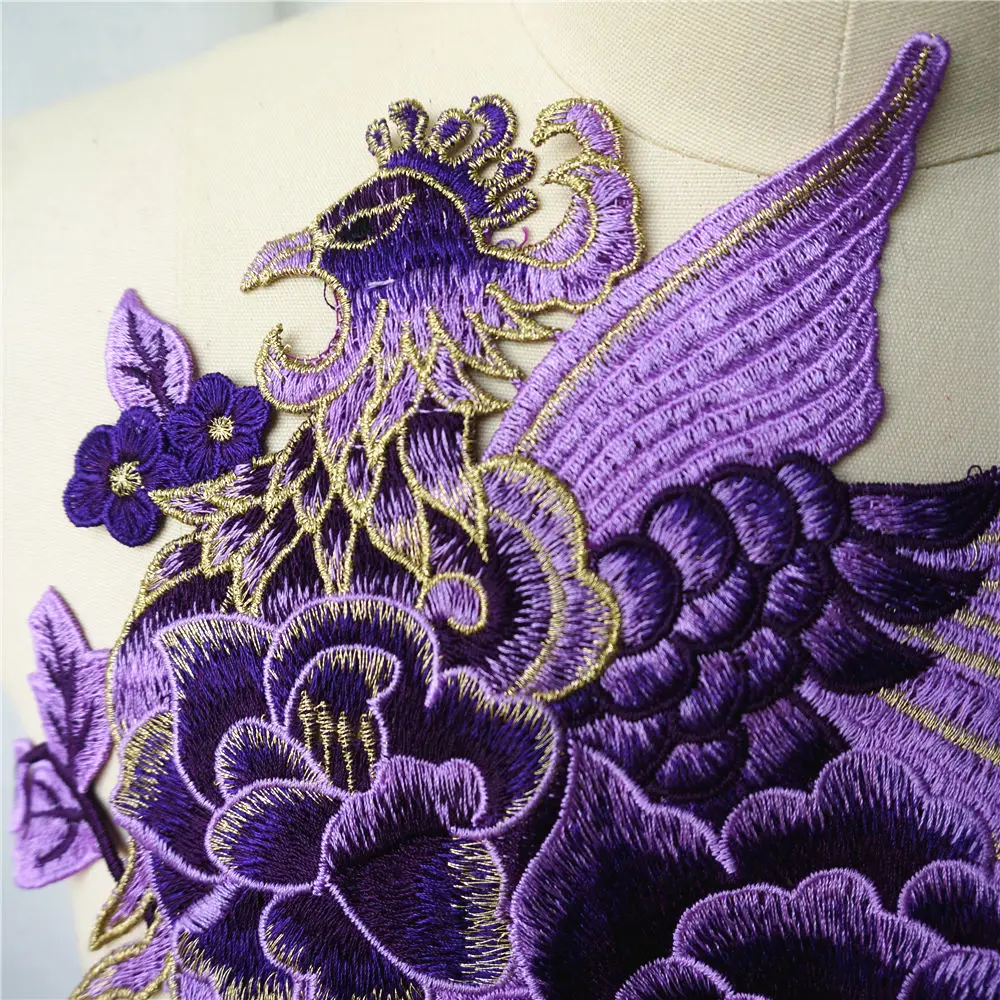Вышитая ткань с длинным хвостом фиолетовым павлином Фениксом Цветочная