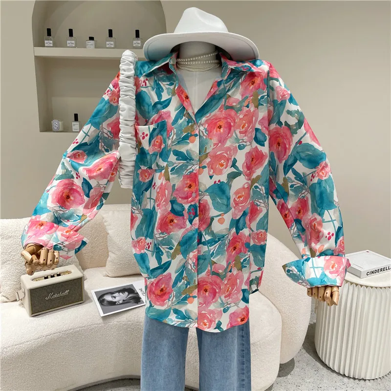 

Women's Spring Summer 2021 Niche Design Fashion Rose Print Single Breasted Long Sleeve Shirt Loose Temperament Top
