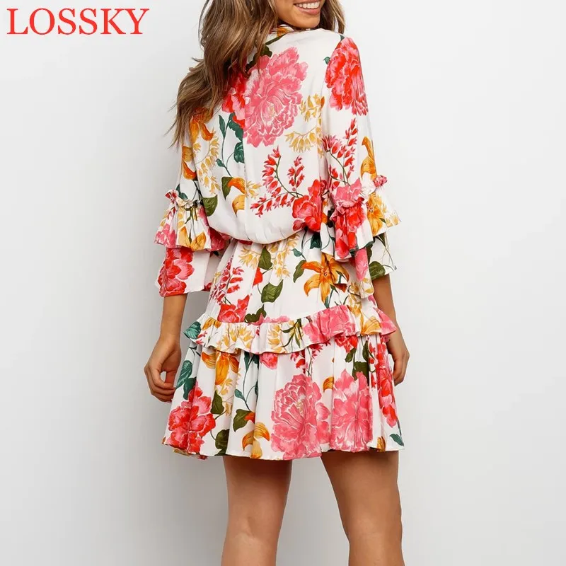 

Floral Print Flower Ruffles Dress Boho Beach A Line Spring Summer Casual Mini Women Sashes Belt Elegant Dresses Sundress Holiday