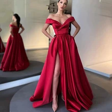 Vestido De fiesta De satén rojo, elegante, sin hombros, longitud hasta el suelo, abertura lateral alta, línea A, Formal, para boda y Noche (2)