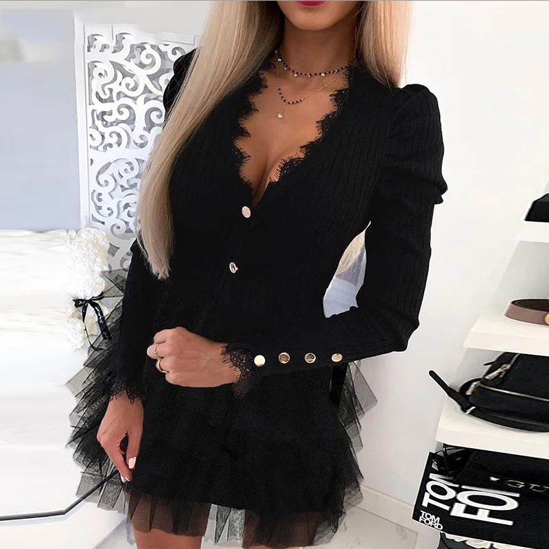 

Women Eyelash Lace Layered Mesh Insert Ribbed Dress Sexy V Neck Sweet Party Club Dress Autumn Winter Black Long Sleeve Vestidos