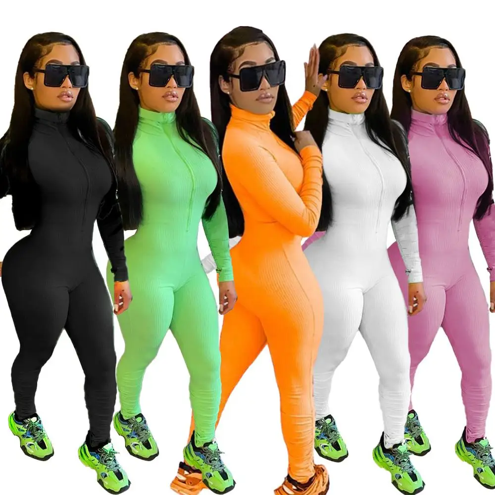 

Colorful Knit Ribbed Bodycon Stacked Leggings Jumpsuit Fitness Sportswear Zipper Turtleneck Long Sleeve Rompers Womens Overalls