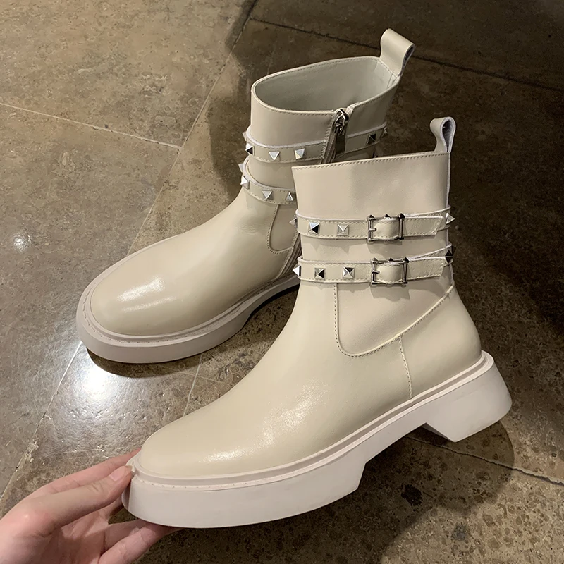 

Russian winter Women ankle boots natural leather Cowhide upper + lamb wool lining warm boots Side zipper rivet women shoes