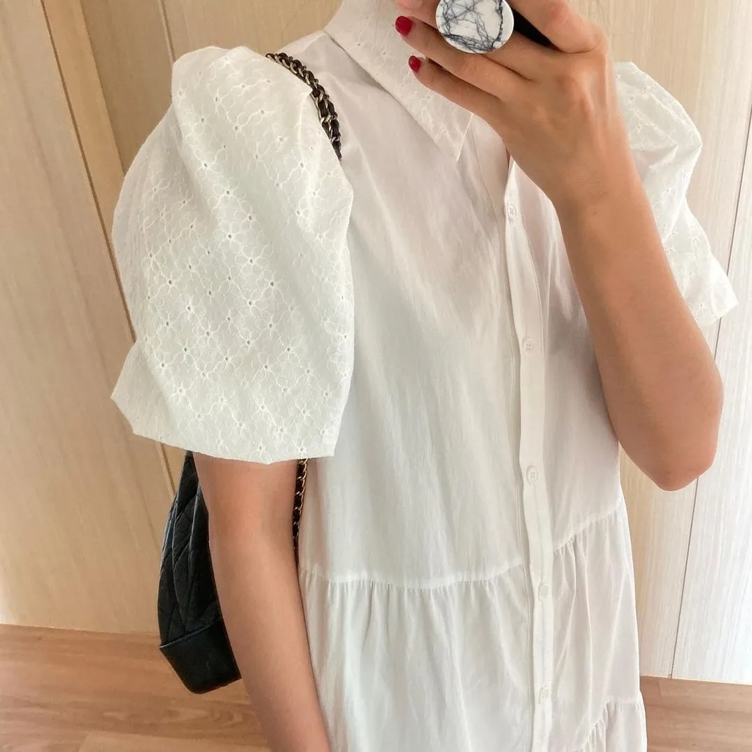 

Korean Chic French Minority Spring/Summer Elegant Lace Crochet Stitching Puff Sleeve Shirt-Style Long Dress