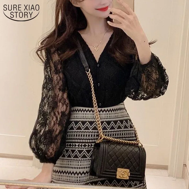 

Lace Shirt Sweet Hollow Out Top Female Spring New Long Sleeve V-neck Wild Loose Lace Shirt Chiffon Blouse Blusas Mujer 13921
