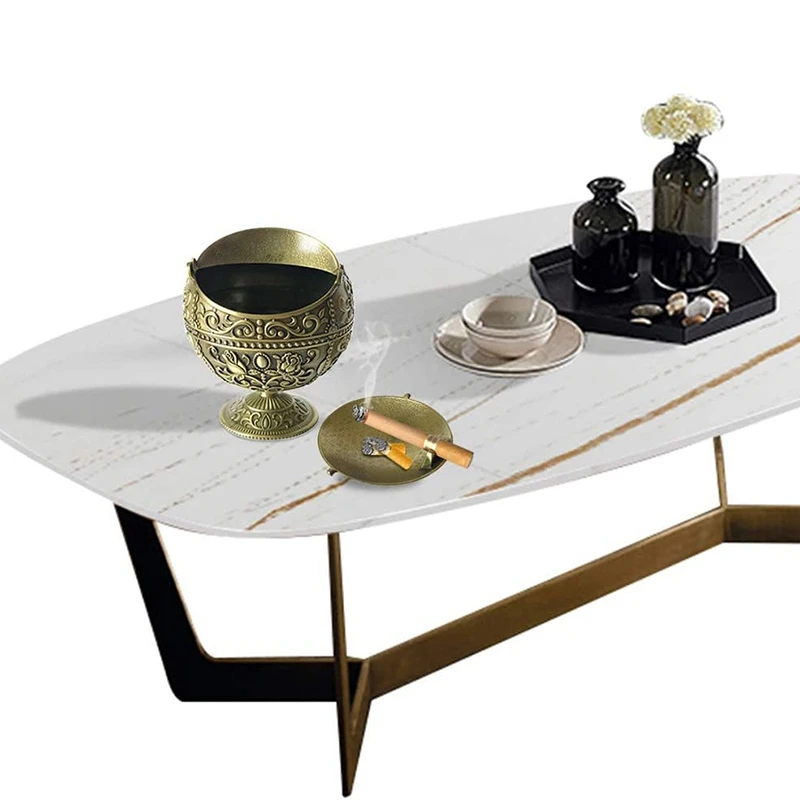 

European Style Retro Windproof Ashtray with Lid Metal Cigar Ashtray Hand-Pressed Pattern Ashtray Household Antique Gold