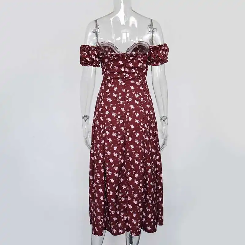 

Women Summer Dress 2021 Elegant Pink Flower Edge off Shoulder off back Split Dresses Cute Romantic Dress Fashion Women Dresses