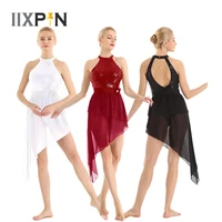women lyrical dance ballet dress shiny sequins halter neck sleeveless asymmetric chiffon ballet dance gymnastics leotard dress