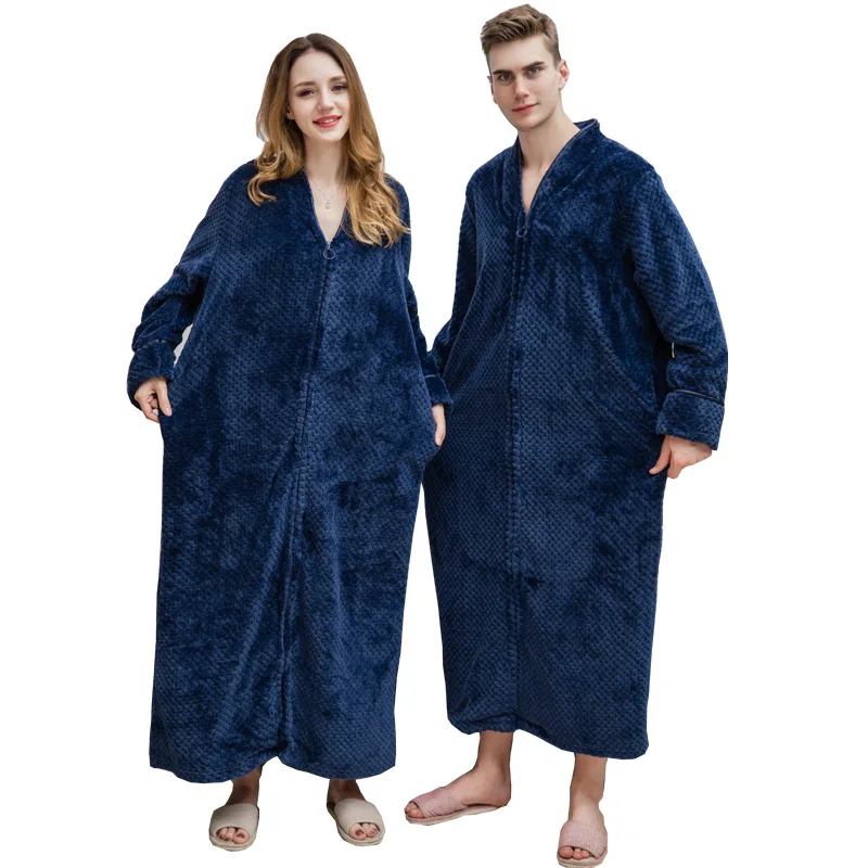 

Autumn&winter new zipper shellfish velvet bathrobe plus increase nightgown men women thickening pajamas flannel home service